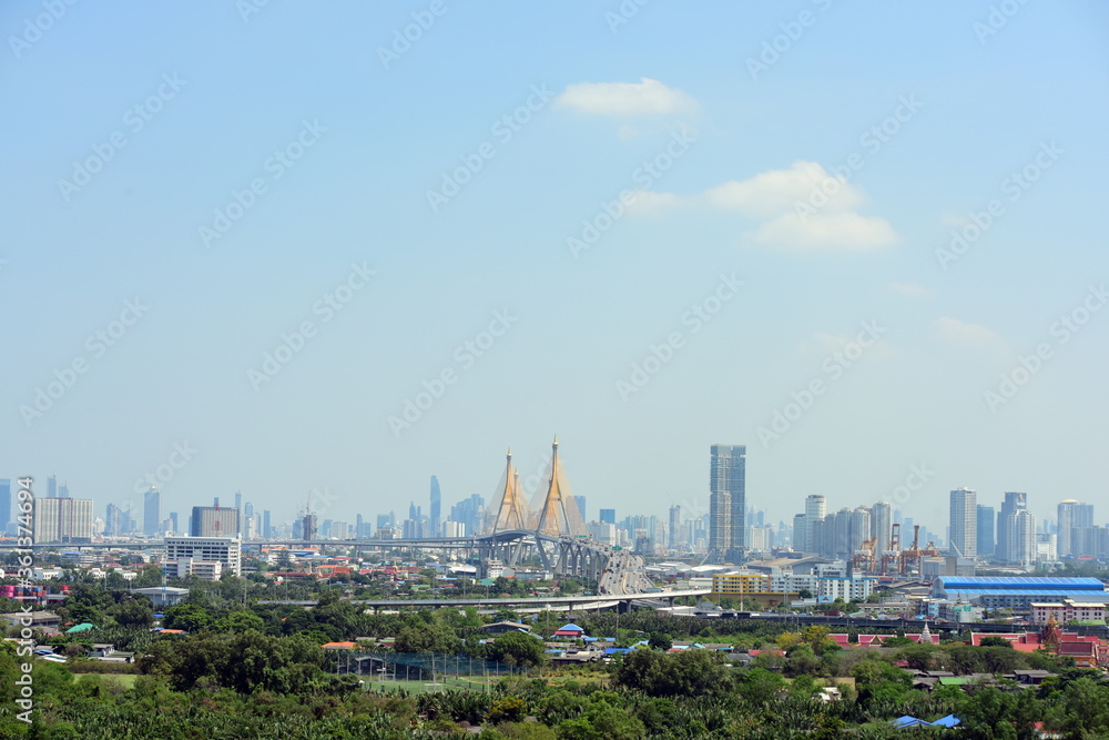 Great city view with beautiful hanging bridges that cross the river of Bangkok, Thailand.