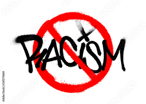 Crossed out racism sprayed font graffiti with overspray in black over white. Vector graffiti art illustration.