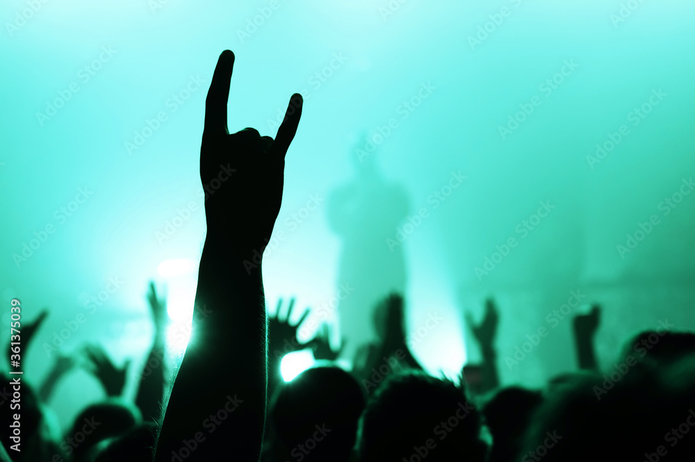 hand with a goat sign of dancing punk from the crowd at a rock concert of a popular band