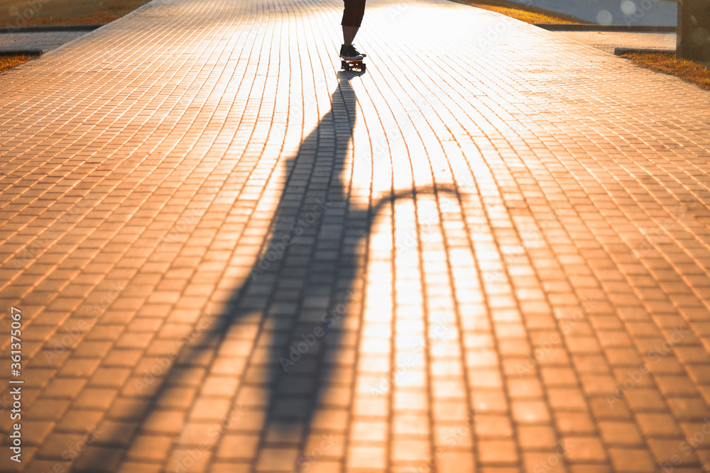 girl riding a skateboard in the park in the setting sun