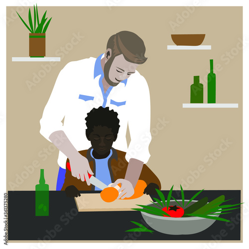 man white child black adopted son native canteen cook dinner lunch teaches love fun "no racism" multi-ethnic family, parent, father, vegetarianism healthy food vegetables olive oil salad cut bread