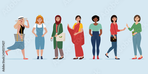 Women of different nationalities, clothes and poses. Vector illustration in flat style