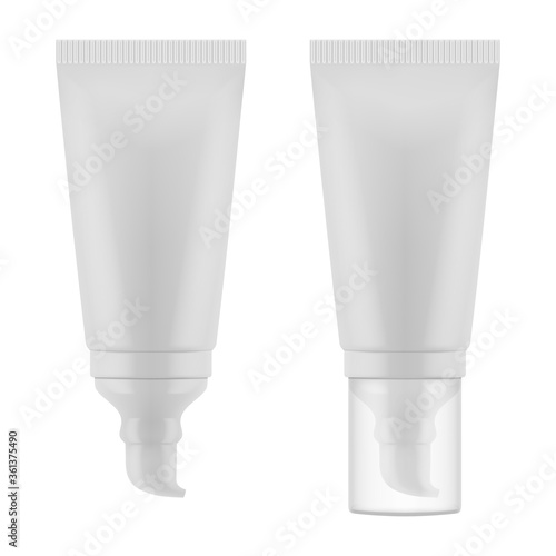 Vector realistic isolated plastic packaging for cosmetics (mockup). Tube for cream with a dispenser and transparent cap. EPS 10
