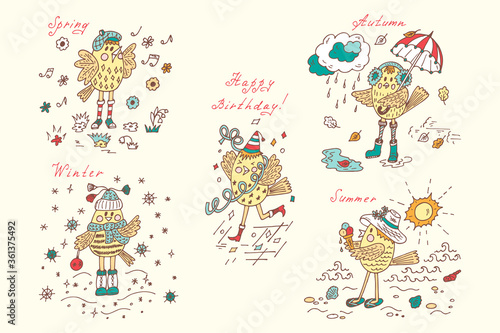 Birds set. Seasons set. Four seasons icons. Times of year. Weather. Autumn. Summer. Winter. Spring. Cartoon birds at different times of year and birthday - Hand drawn doodles vector illustration