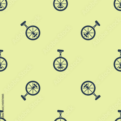 Blue Unicycle or one wheel bicycle icon isolated seamless pattern on yellow background. Monowheel bicycle.  Vector Illustration