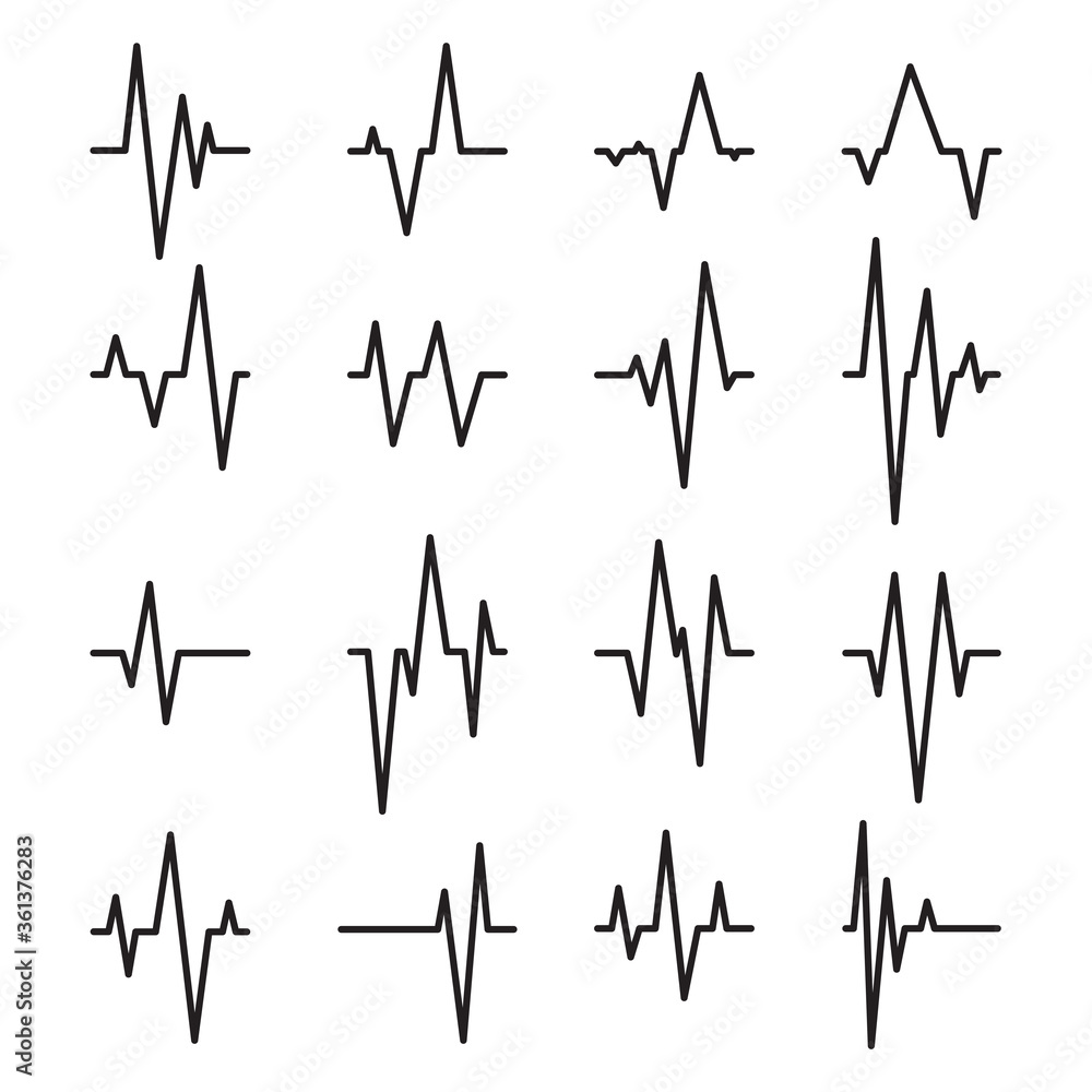 Pulse lines set. Heartbeat rate, ekg diagram, earthquake. Vector illustrations for seismic monitoring, cardiogram, heart beat frequency topics Pulse lines set. Heartbeat rate, ekg diagram, earthquake. Vector illustrations for seismic monitoring, cardiogram, heart beat frequency topics