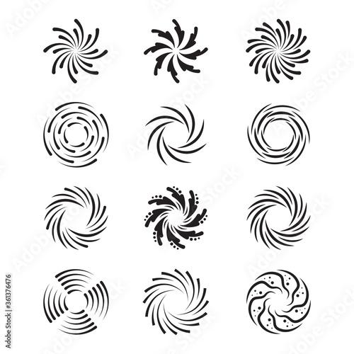 Spinning swirls set. Circular spirals, radial twirls, monochrome twisting shapes in motion. Vector illustrations for hypnotic effect, hypnosis, whirlpool, vortex topics