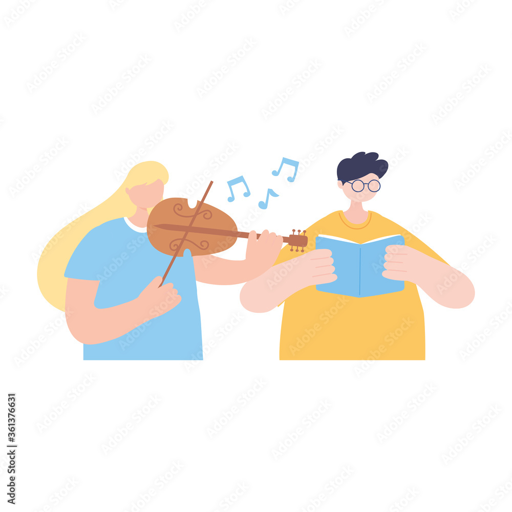 stay at home, girl playing fiddle and boy reading book, self isolation, activities in quarantine for coronavirus stay at home, girl playing fiddle and boy reading book, self isolation, activities in quarantine for coronavirus