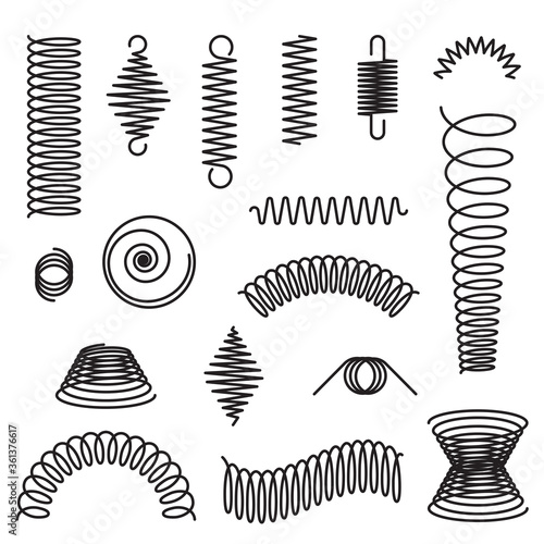 Metal spirals set. Flexible spring, industrial coil, springy curve. Vector illustrations for compression, equipment, engineering topics