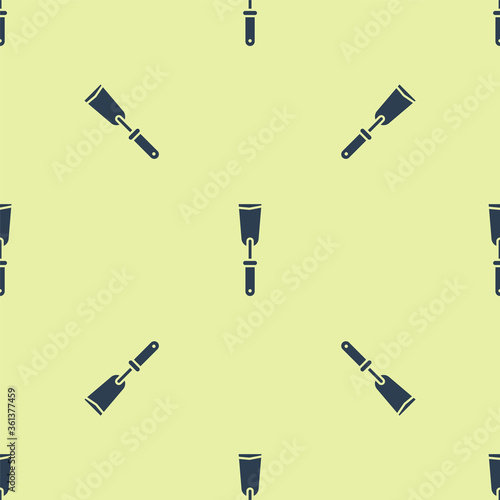 Blue Putty knife icon isolated seamless pattern on yellow background. Spatula repair tool. Spackling or paint instruments.  Vector Illustration
