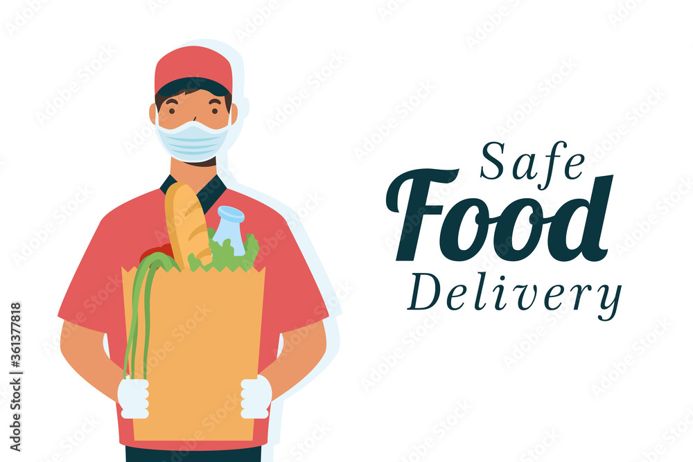 safe food delivery worker with groceries bag