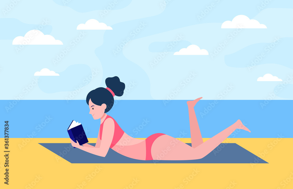 Young woman lying on beach with book. Sea, nature, leisure flat vector illustration. Lifestyle and vacation concept for banner, website design or landing web page
