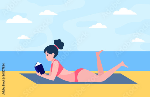 Young woman lying on beach with book. Sea, nature, leisure flat vector illustration. Lifestyle and vacation concept for banner, website design or landing web page © PCH.Vector