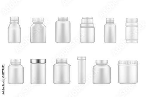 Set of plastic jar mockups isolated on white background. Packaging design. Blank food, fitness, householding or dietary nutrition, healthcare bottle template. 3d realistic vector illustration