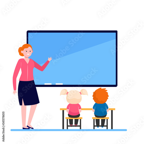 Female teacher explaining lesson for kids. School, children, study flat vector illustration. Education and learning concept for banner, website design or landing web page