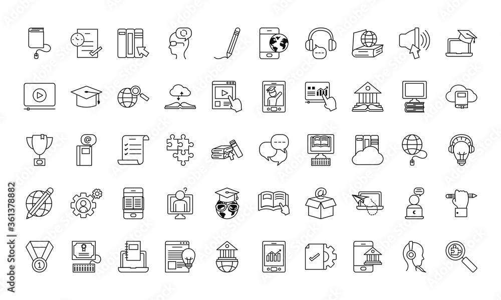 education online icon set, line style
