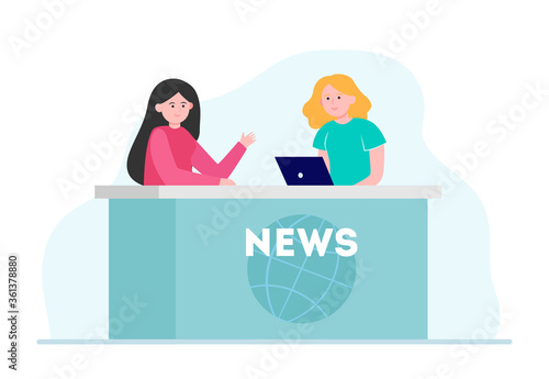 Two women telling news in studio. Laptop, reporter, anchorperson flat vector illustration. TV broadcast and digital technology concept for banner, website design or landing web page