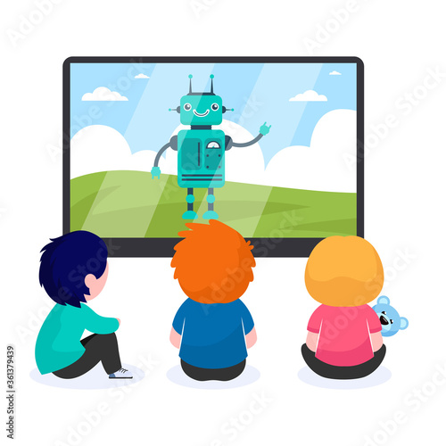 Children watching cartoon with robot. TV, screen, toy flat vector illustration. Childhood and digital technology concept for banner, website design or landing web page