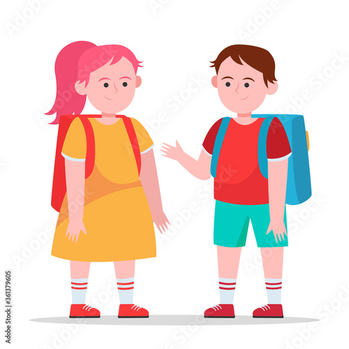 Little boy and girl chatting with each other. Pupil, backpack, school flat vector illustration. Friendship and childhood concept for banner, website design or landing web page