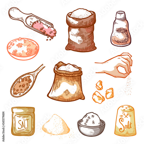 Food and sea salt sketch set. Natural powdered seasoning and cooking ingredients packaging, utensil.