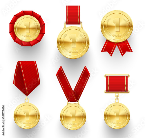 Gold medals with red rosette or ribbons realistic set. Round medallions, awards.