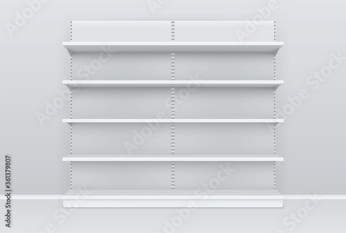 Wide shelving for products mockup in realistic style. Rack, bookshelf is in empty room template.
