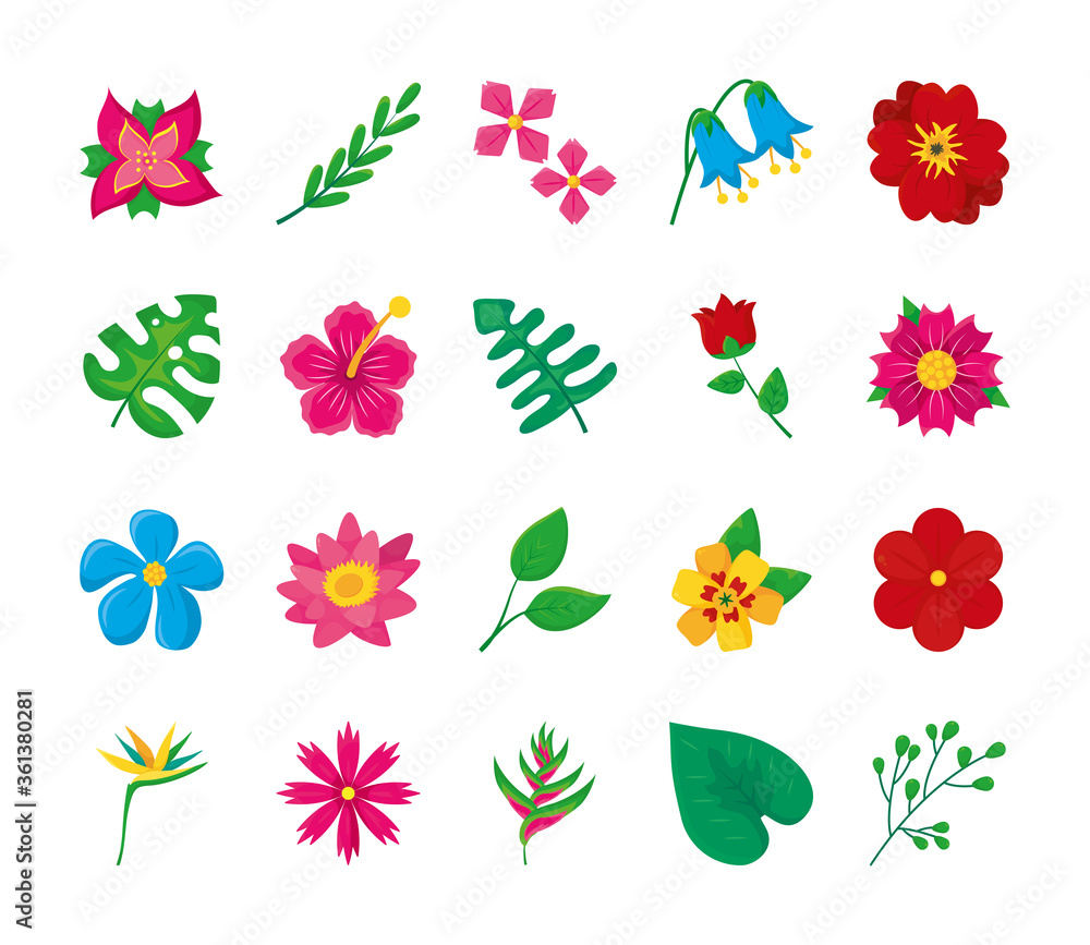 monstera leaf and tropical flowers icon set, colorful design monstera leaf and tropical flowers icon set, colorful design