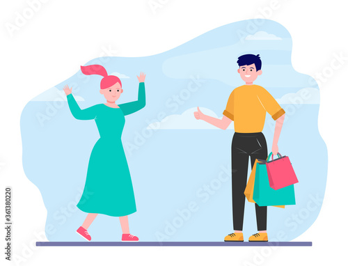 Happy couple shopping together. Support, bag, choosing flat vector illustration. . Relationship and family concept for banner, website design or landing web page © PCH.Vector