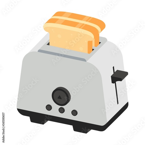 Toaster flat illustration. Graphic illustration of kitchen equipment isolated on white background. Isometric toaster. Cartoon style.