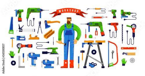Stock vector illustration of workshop tool kit and worker
