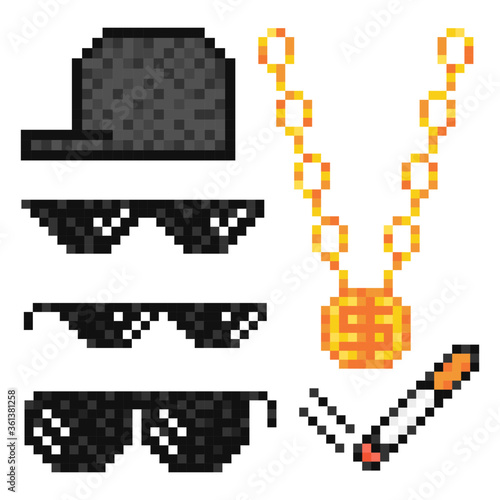 Boss or gangster pixelated sunglasses, gold chain, cap and cigarette. Thug attributes. Vector illustration.