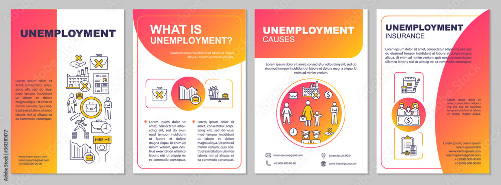 Unemployment issue brochure template. Labor market crisis insurance. Flyer, booklet, leaflet print, cover design with linear icons. Vector layouts for magazines, annual reports, advertising posters