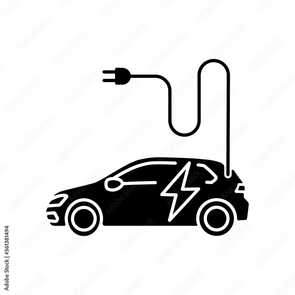 Electric vehicle black glyph icon. Modern environmentally clean automobile on alternative energy silhouette symbol on white space. Electric car with battery charging plug vector isolated illustration Electric vehicle black glyph icon. Modern environmentally clean automobile on alternative energy silhouette symbol on white space. Electric car with battery charging plug vector isolated illustration