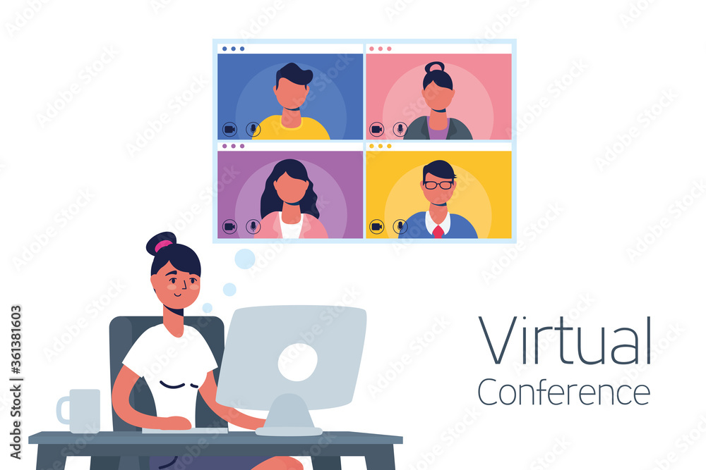 woman using desktop in virtual conference communication woman using desktop in virtual conference communication