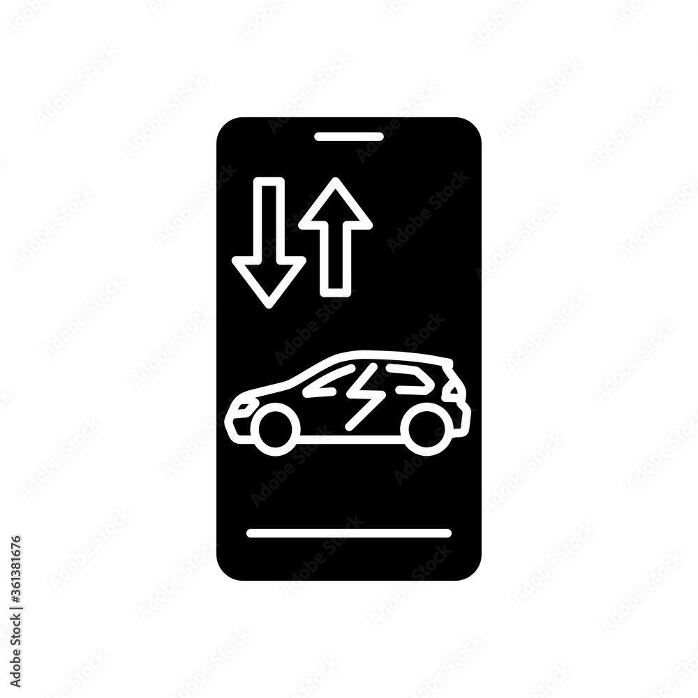 Remote car access black glyph icon. Modern NFC technologies, online automobile purchasing app silhouette symbol on white space. Electric vehicle on smartphone display vector isolated illustration Remote car access black glyph icon. Modern NFC technologies, online automobile purchasing app silhouette symbol on white space. Electric vehicle on smartphone display vector isolated illustration