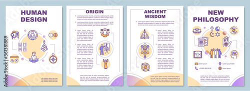New philosophy brochure template. Origin of human design knowledge. Flyer, booklet, leaflet print, cover design with linear icons. Vector layouts for magazines, annual reports, advertising posters