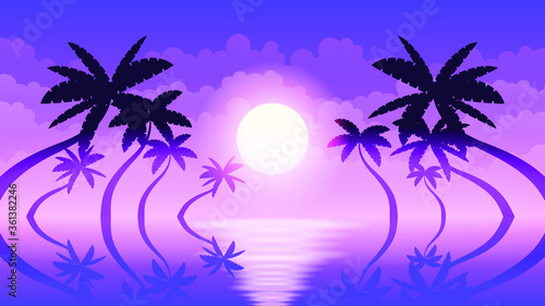 Abstract Ocean Sea Background Vector With Palm Trees Sunset And Clouds