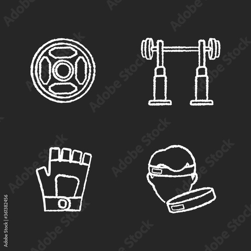 Weightlifting chalk white icons set on black background. Weight plates, squat rack, gym gloves and fitness headband. Professional equipment for bodybuilding. Isolated vector chalkboard illustrations