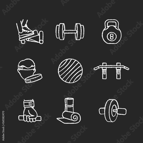 Workout equipment chalk white icons set on black background. Strength training at home, fitness exercise. Sport gear for indoor gymnastics and pilates. Isolated vector chalkboard illustrations