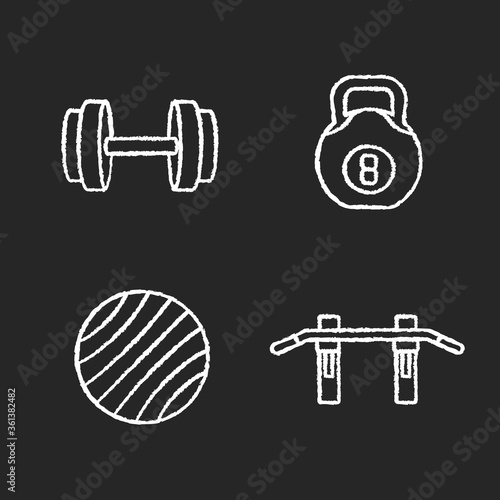 Weight training chalk white icons set on black background. Exercise ball, dumbbell, pull up bar and kettlebell. Gym equipment, weightlifting and fitness. Isolated vector chalkboard illustrations