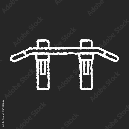 Pull up bar chalk white icon on black background. Upper body workout, bodybuilding exercise. Home gym equipment, sport gear. Horizontal crossbar for pull ups isolated vector chalkboard illustration