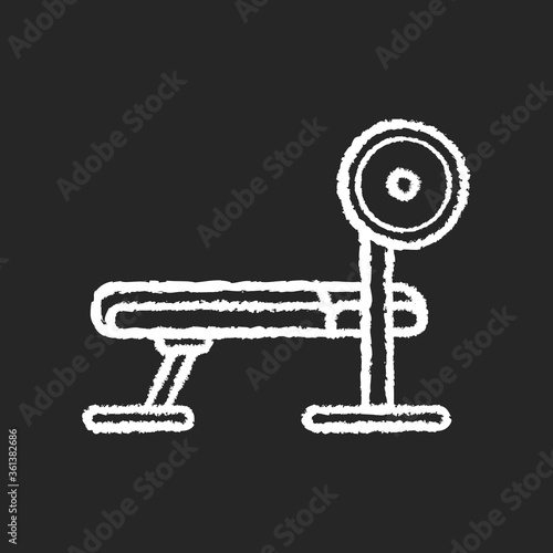 Weight bench chalk white icon on black background. Fitness center, health club, home gym equipment. Strongman training. Professional weight lifting bench isolated vector chalkboard illustration