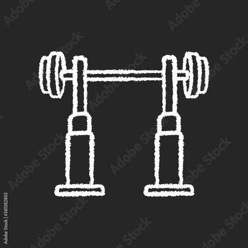 Squat rack chalk white icon on black background. Fitness center, health club workout. Gym equipment for legs and back muscle training. Stand with barbell isolated vector chalkboard illustration