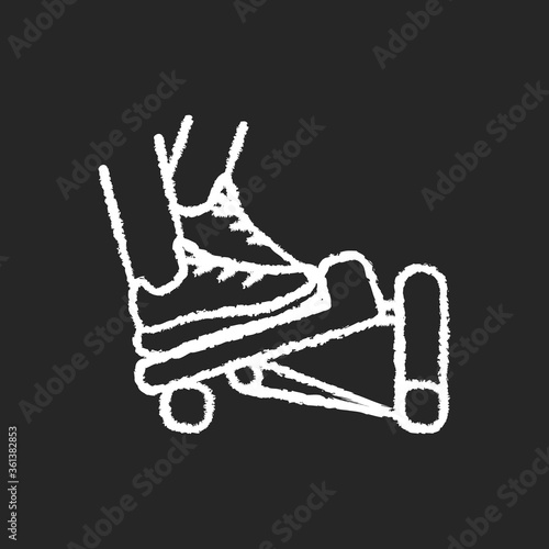 Stepper chalk white icon on black background. Fitness exercise, physical workout for legs. Gym equipment, sport gear for active home training. Step machine isolated vector chalkboard illustration