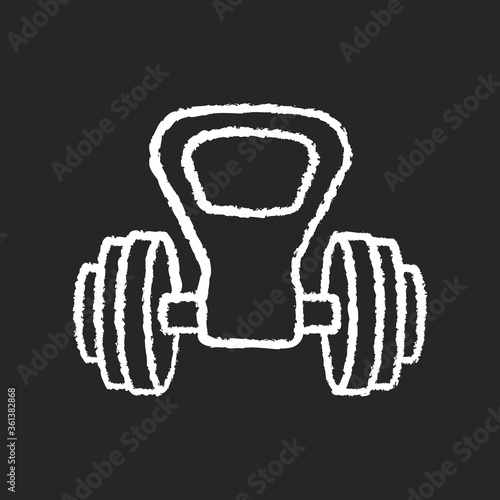 Kettlebell handle chalk white icon on black background. Cheap gym equipment for weight lifting exercise. Strength training. Dumbbell with plastic handle isolated vector chalkboard illustration