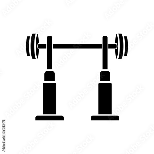 Squat rack black glyph icon. Fitness center, health club workout silhouette symbol on white space. Gym equipment for legs and back muscle training. Stand with barbell vector isolated illustration