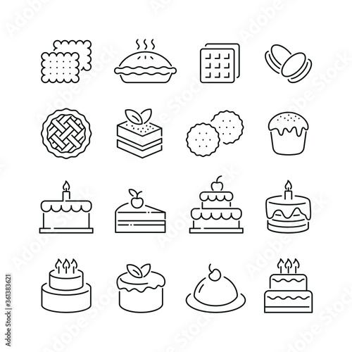 Bakery related icons: thin vector icon set, black and white kit