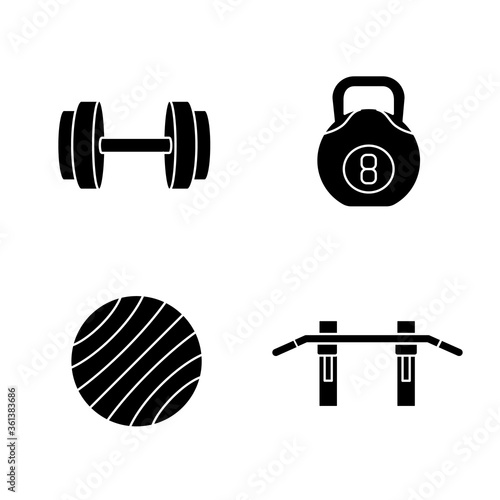 Weight training black glyph icons set on white space. Exercise ball, dumbbell, pull up bar and kettlebell silhouette symbols. Gym equipment, weightlifting and fitness. Vector isolated illustration