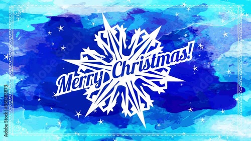 merry christmas written on top of white deep outlined flake over blue watercolor splatter on scene