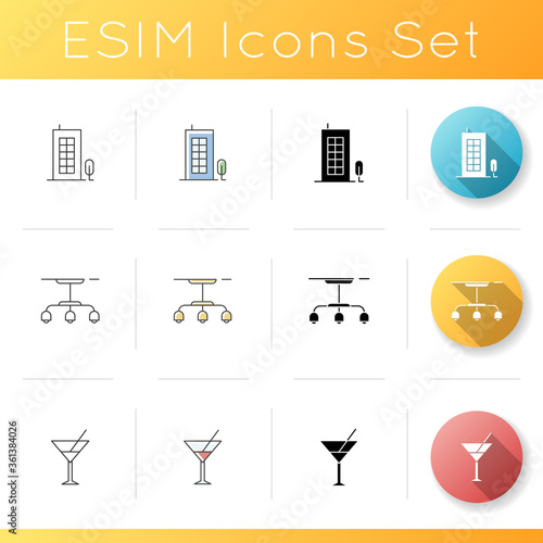 Urban house icons set. Condo building in downtown district. Townhouse unit. Vermouth in glass. Lamp hanging from ceiling. Linear, black and RGB color styles. Isolated vector illustrations